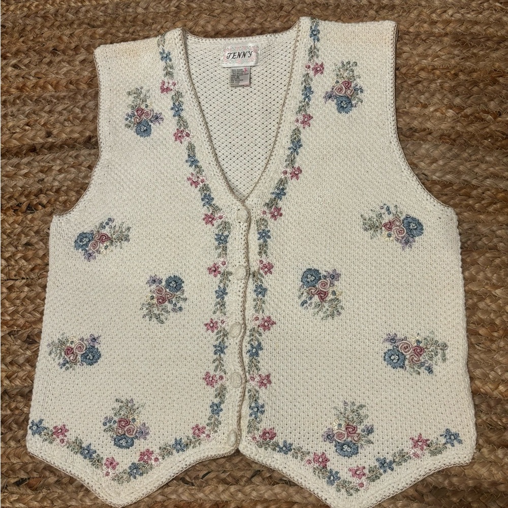 Vintage Cream Knit Floral Embroidered Vest by Jenny
